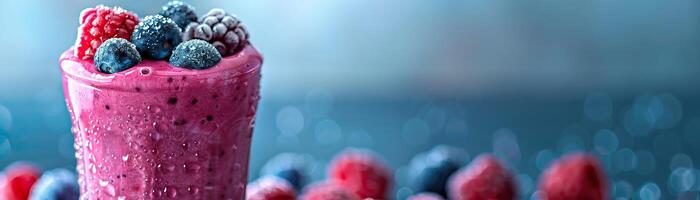 A glass of fresh raspberry and blueberry smoothie with fresh berries on top against a blue background photo