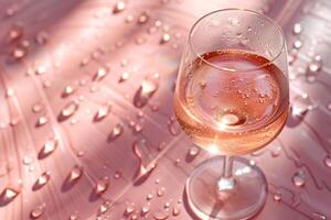 A glass of rose wine on a pink background with water drops. photo