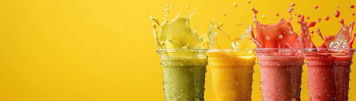 Three plastic cups of fruit juice with a splash on a yellow background photo