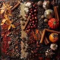 A variety of spices are arranged on a dark background. photo