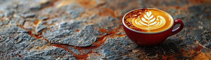 latte in red cup on stone table photo