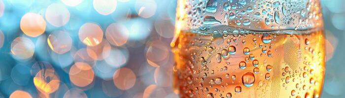 Close up of a cold glass of champagne with water droplets and bubbles with a blurred background of blue and orange lights. photo
