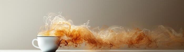 White cup of coffee with smoke coming out of it on a beige background. photo