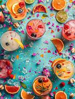A variety of cocktails with fruit slices on a blue textured background. photo