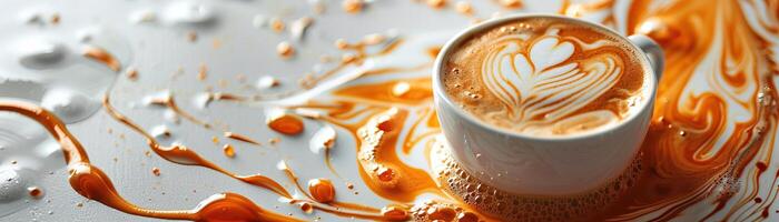 Artistic coffee cup with spilled coffee. photo