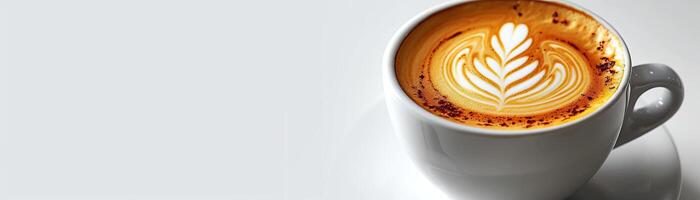 A cup of coffee with a beautiful latte art design on a white background. photo