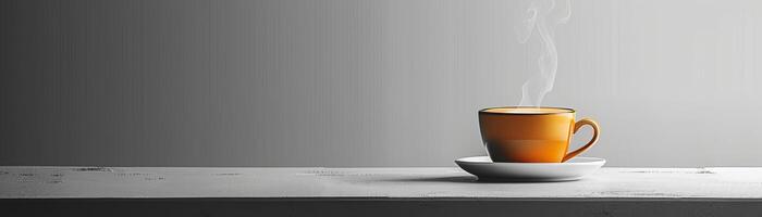 An orange cup of coffee on a white saucer on a wooden table against a gray background. photo