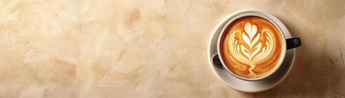 A cup of coffee with a beautiful latte art design on a beige background. photo
