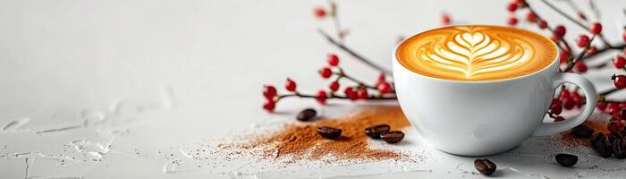 A cup of coffee on a white background with red berries and coffee beans. photo