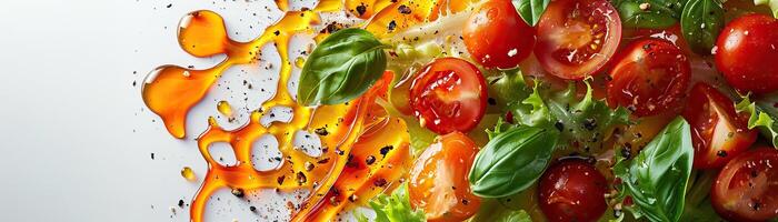 A close up of a salad with tomatoes, basil, lettuce and olive oil. photo