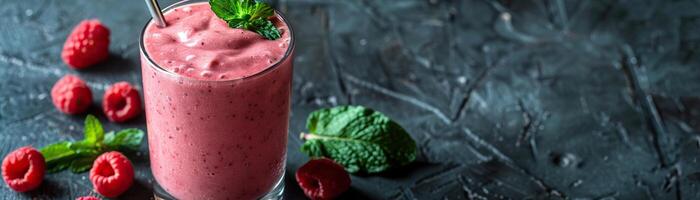 A glass of raspberry smoothie with fresh raspberries and mint on a dark background. photo