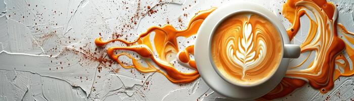 White coffee cup with a latte design sitting on a white textured background with a brown liquid spilled around it. photo