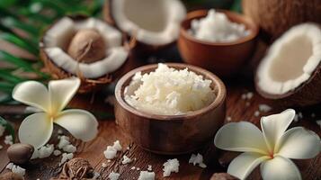 Coconut products on a wooden table. photo
