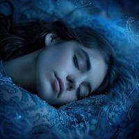 A beautiful woman with long dark hair is sleeping on a bed of blue flowers. She is wearing a blue dress and her eyes are closed. The background is a deep blue color. photo