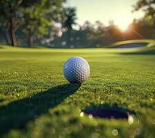 A close up of a golf ball on a putting green with the sun in the background. photo