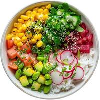A poke bowl with salmon, avocado, cucumber, edamame, corn, and radish. photo