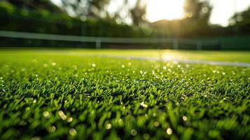 Close-up of green, artificial grass illuminated by the sun. photo