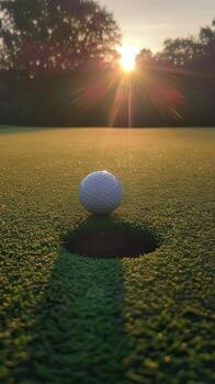 A white golf ball is sitting on the edge of a hole on a putting green. The sun is setting in the background, casting a long shadow over the ball. The green is surrounded by trees. photo
