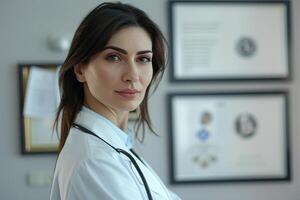 A photo of a beautiful female doctor wearing a lab coat and stethoscope with brown hair and green eyes. She has a friendly smile and is looking at the camera. There are medical diplomas on the wall be