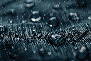 Raindrops on a waterproof, textured, black fabric. photo