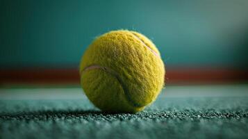 A close up of a used tennis ball on a green court with a blurred background. photo