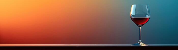 A glass of red wine on a table with a gradient background in warm colors. photo