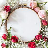 An embroidery hoop is laying on a bed of white fluffy material. Pink and red roses along with white baby's breath flowers are placed around the hoop. photo