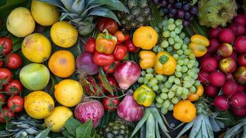 A variety of fruits and vegetables are arranged together on a table. photo