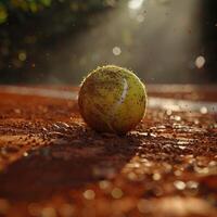 A close up of a tennis ball on a clay court with the sun in the background photo
