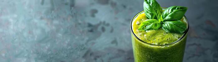 A glass of healthy green smoothie with basil leaves on a dark background. photo