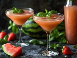 Refreshing watermelon cocktail with strawberries and basil photo