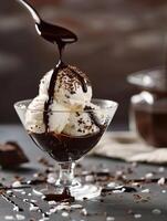 Rich and creamy vanilla ice cream topped with decadent chocolate sauce. photo