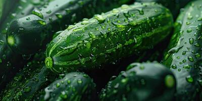 Fresh organic cucumbers covered with dew drops. photo