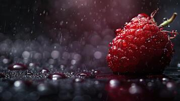 Close-up of a single, ripe strawberry with water droplets on a black background. photo