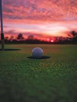 A close up of a golf ball on a putting green at sunset. photo