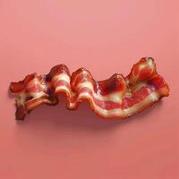A close up of a single strip of bacon, cooked to perfection, on a pink background. photo