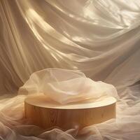 An empty wooden podium covered with a wrinkled white cloth against the backdrop of flowing beige curtains. photo