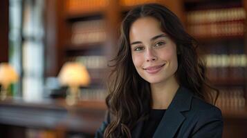 A young female lawyer stands confidently in a library, surrounded by books. She is wearing a dark suit and has a warm smile on her face. photo