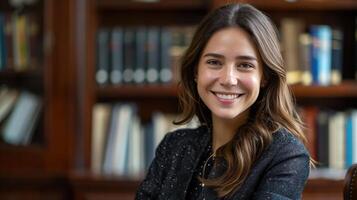 A young woman with long brown hair is smiling in front of a bookshelf. photo