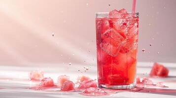 A glass of fresh watermelon juice on a white table. The juice is being poured into the glass from a pitcher. The watermelon is cut into cubes and placed on the table. photo