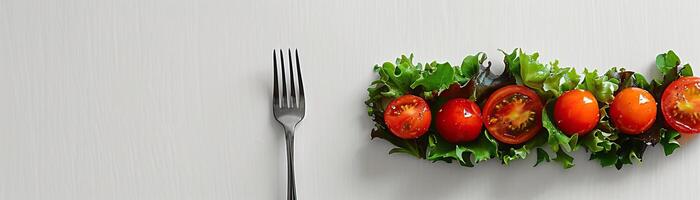 A fork and a salad made of lettuce and tomatoes on a white background. photo