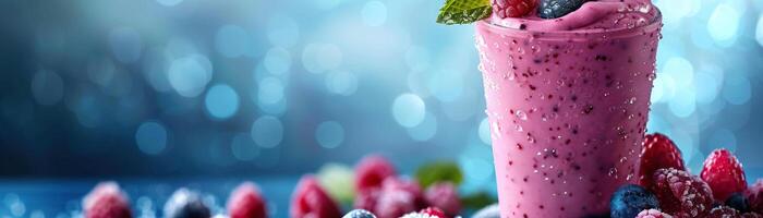 A glass of fresh raspberry and blueberry smoothie with mint on top. photo