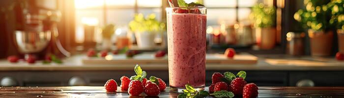 A glass of raspberry smoothie on a wooden table. There are fresh raspberries and mint leaves on the table. The background is a blurred kitchen with a window in the distance. The sun is shining through photo