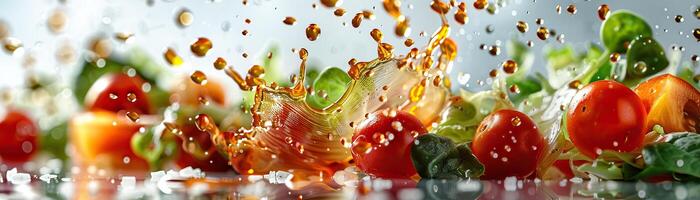 A close-up of a salad with tomatoes, lettuce, and cucumbers being splashed with a vinaigrette dressing. photo