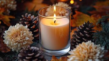 Blank clear straight candle glass amidst a setting with delicate fairy lights photo