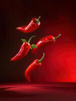 Red hot chili peppers floating in mid-air against a dark red background. photo
