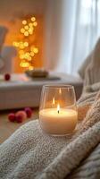 Blank clear straight candle glass amidst a setting with a plush pillow, a scented diffuser, and delicate string lights, modern warm bedroom mockup, serene and stylish photo