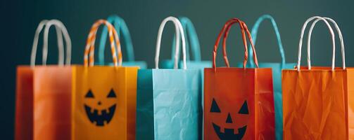 Close-up of candy bags decorated with Halloween motifs, ready for trick-or-treating, editorial photography, empty space for text on left photo