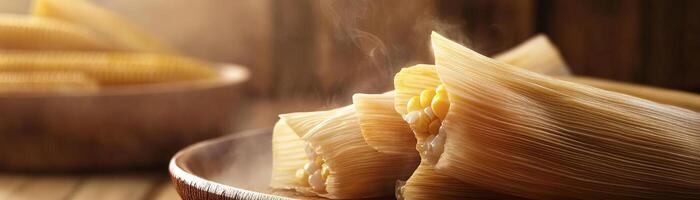 Deliciously steamed tamales served in a rustic wooden bowl, highlighting the warmth and authenticity of traditional cuisine. photo