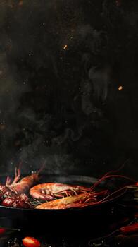 A vertical image of a grill with a cast iron pan of shrimp on fire with smoke and sparks rising up against a black background. photo